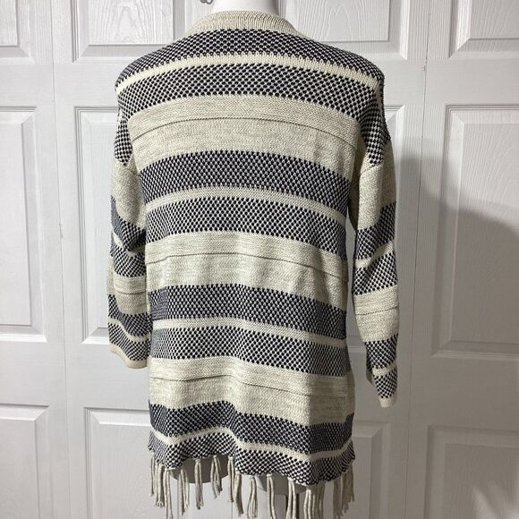 American Living Striped Blue Ivory Fringe Cardigan Sweater XL - Picture 4 of 7